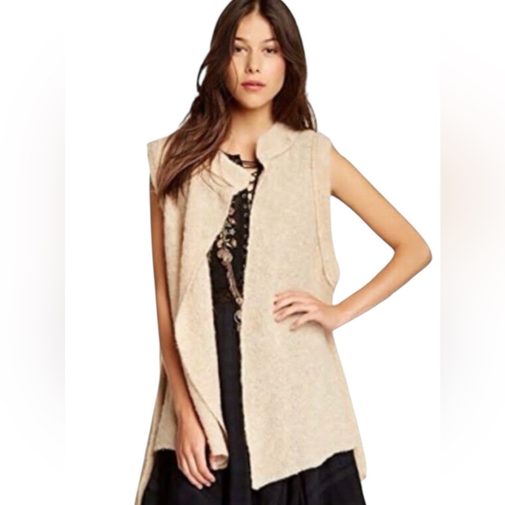 Free People Vest Cream Sleeveless Sweater Vest Long Open Front XS